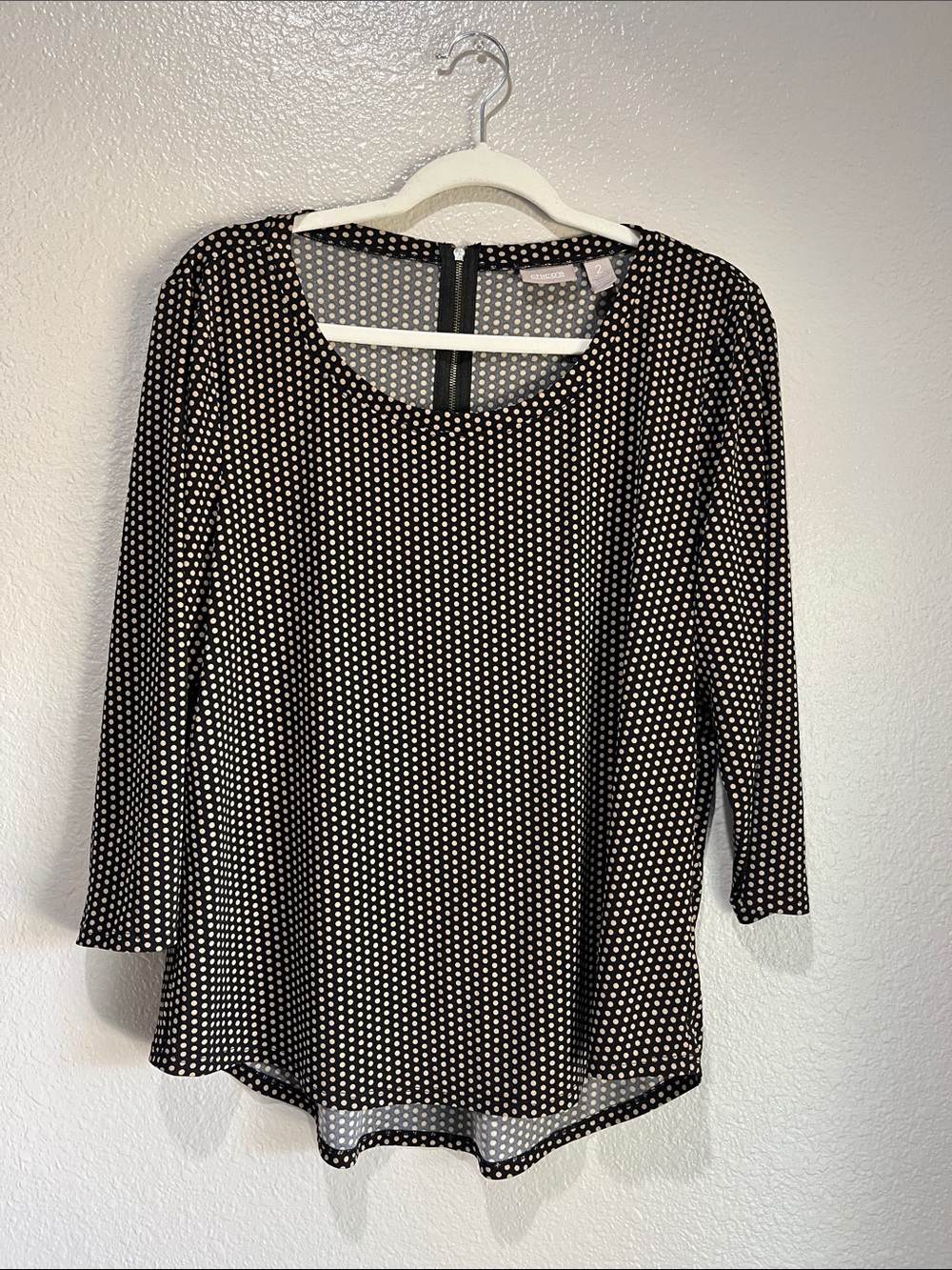Chico's Black Top with Cream Polka Dots - Scoop Neck Long Sleeve Sz L Office